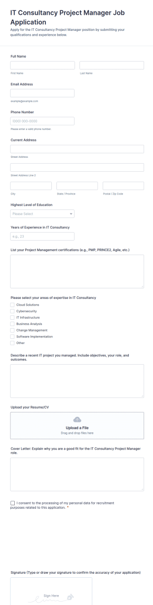 IT Consultancy Project Manager Job Application Form Template