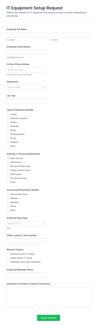 IT Department Equipment Setup Request Form Template