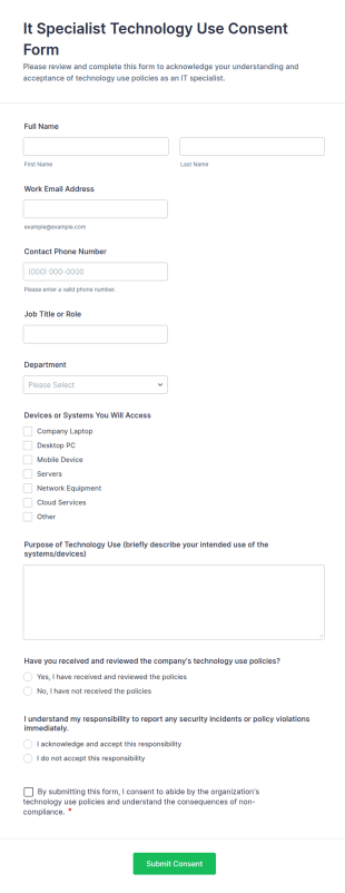 IT Specialist Technology Use Consent Form Template