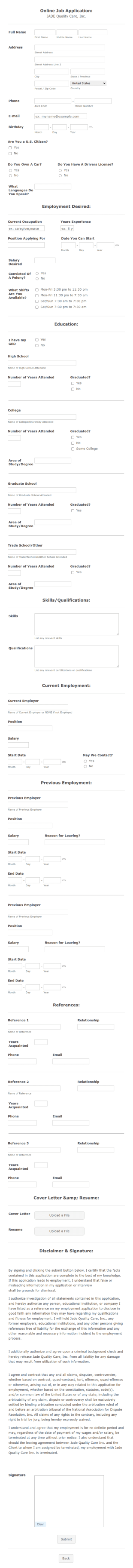 JADE Caregiver Job Application Form Template