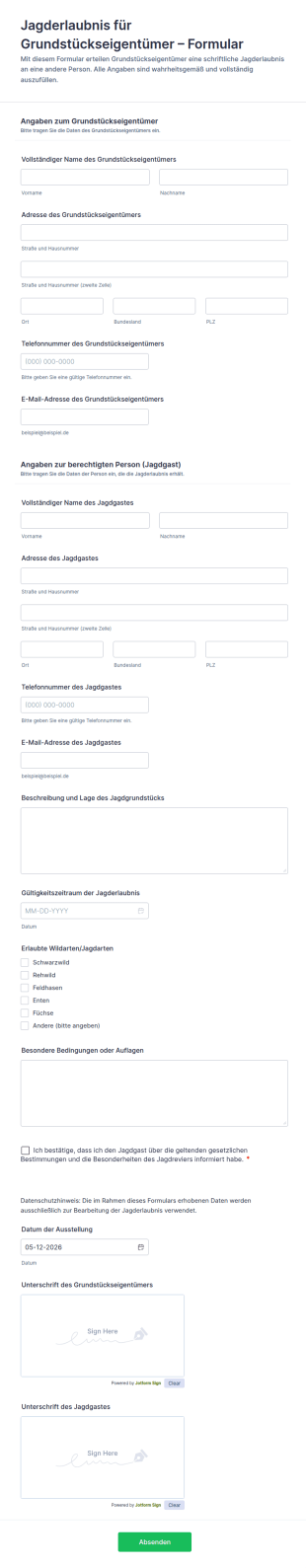 Jagderlaubnis Für Grundstückseigentümer – Formular