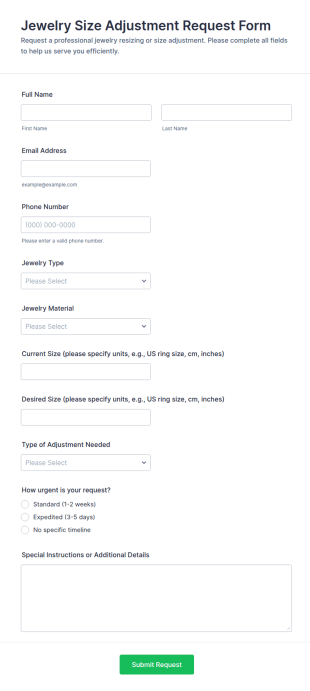 Jewelry Size Adjustment Request Form Template