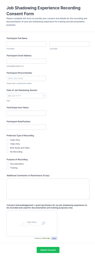 Job Shadowing Experience Recording Form Template