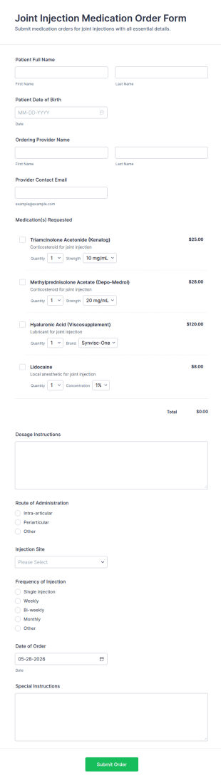 Joint Injection Medication Order Form Template