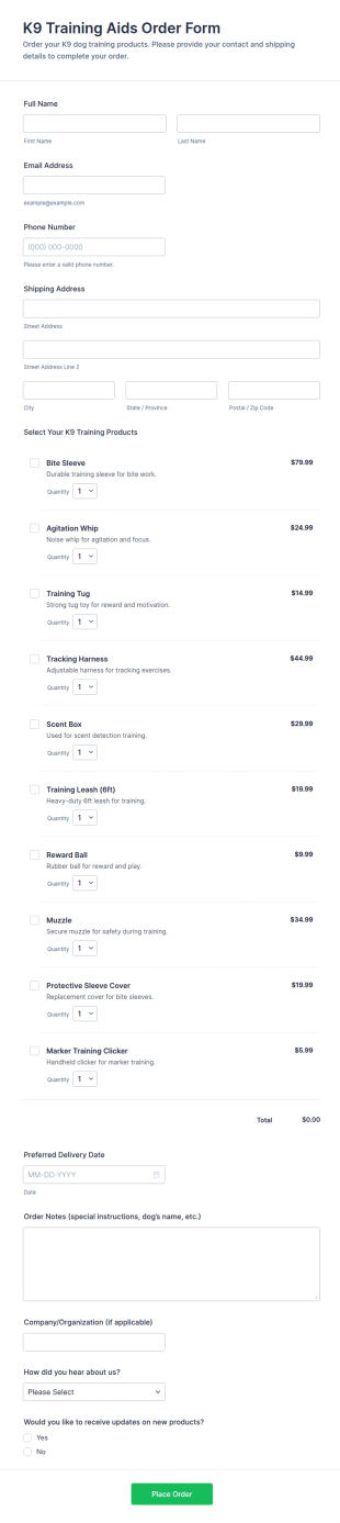 K9 Training Aids Order Form Template
