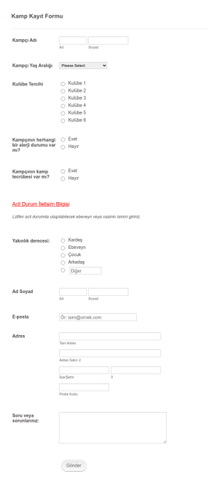 Kamp Kayıt Formu  Form Şablonu