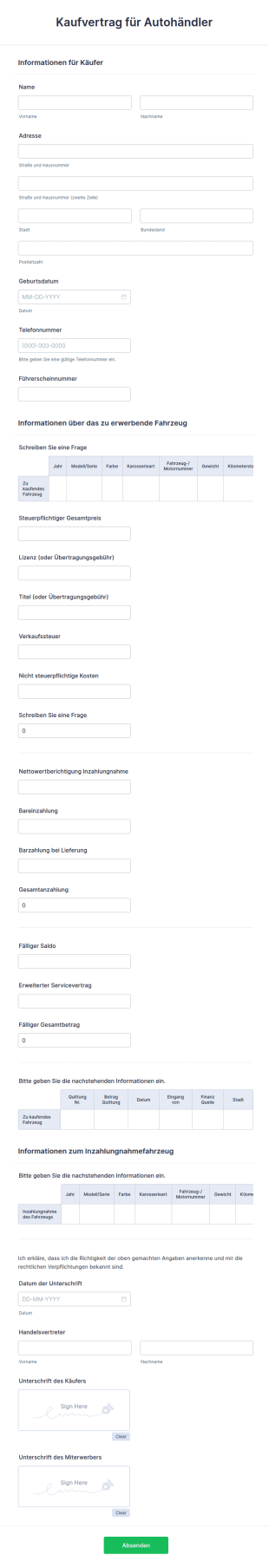 Kaufvertrag F&uuml;r Autoh&auml;ndler