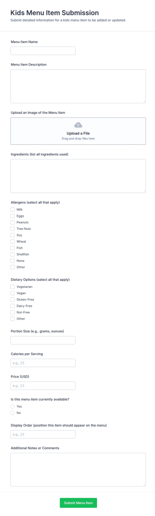 Kids Menu Item Submission Form Template