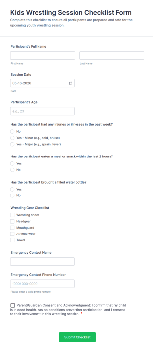 Kids Wrestling Session Checklist Form Template