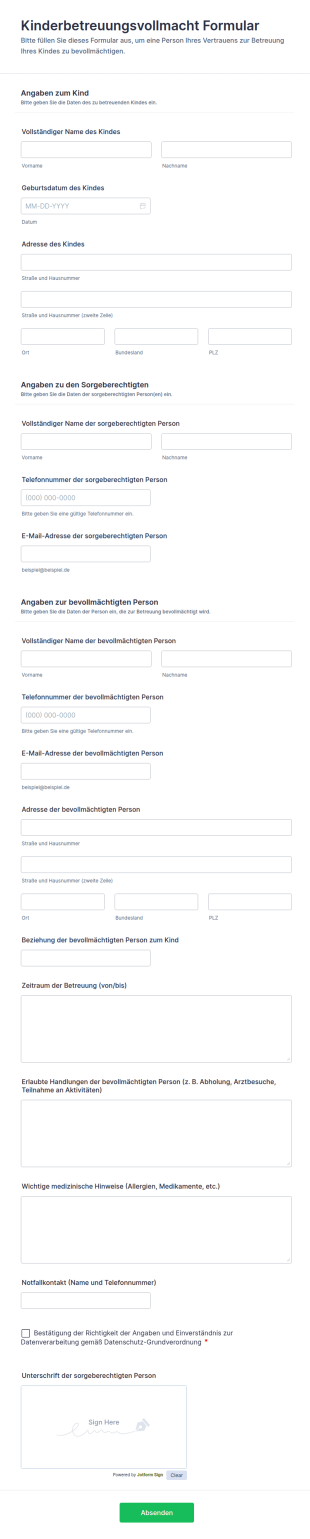 Kinderbetreuungsvollmacht Formular