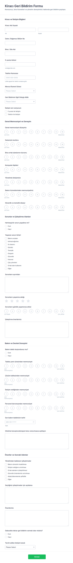 Kira Müşteri Geri Bildirim Anketi Form Şablonu