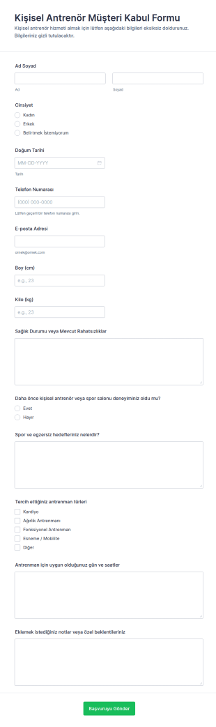 Kişisel Antrenör Müşteri Bilgi Form Şablonu