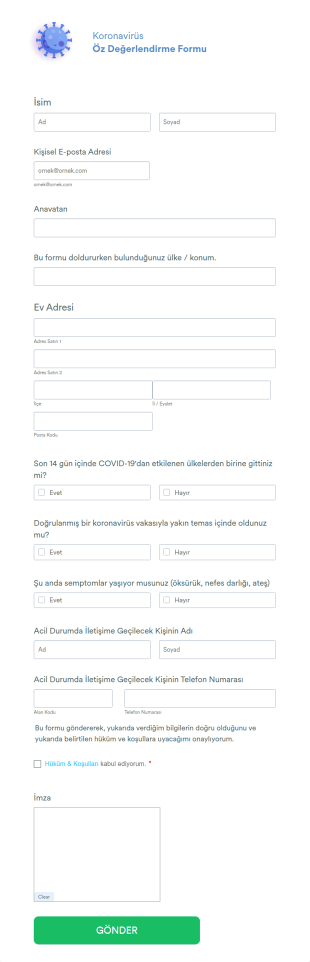Koronavirüs Öz Değerlendirme Form Şablonu
