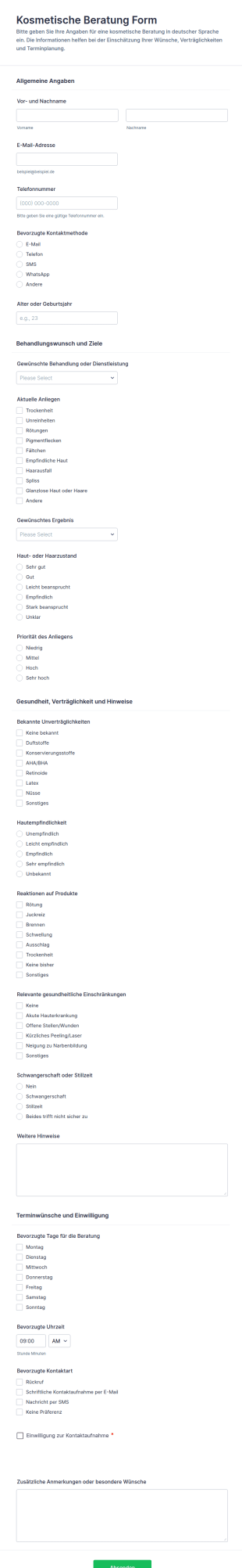 Kosmetologie Kundenberatung Formular