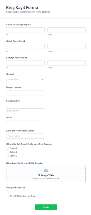 Kreş Kayıt Form Şablonu