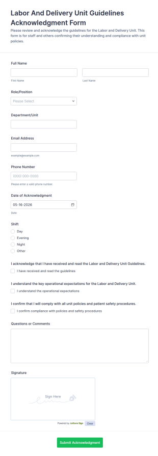 Labor And Delivery Unit Guidelines Acknowledgment Form Template