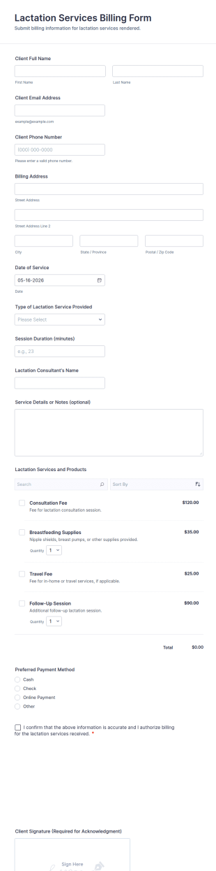 Lactation Services Billing Form Template