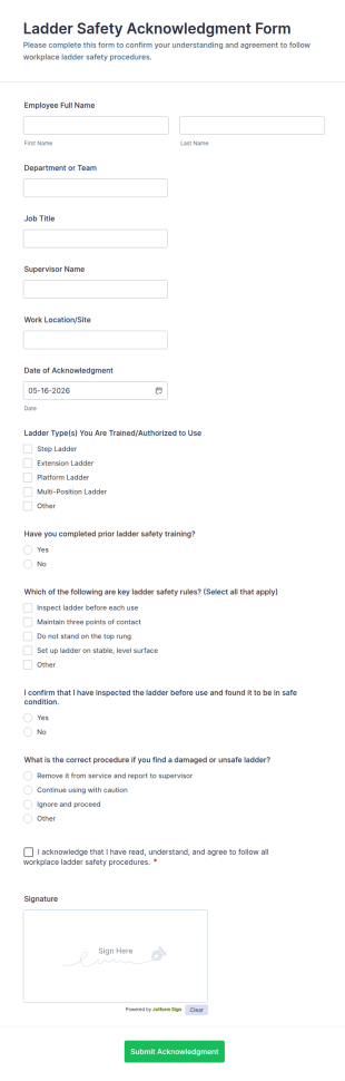 Ladder Safety Acknowledgment Form Template