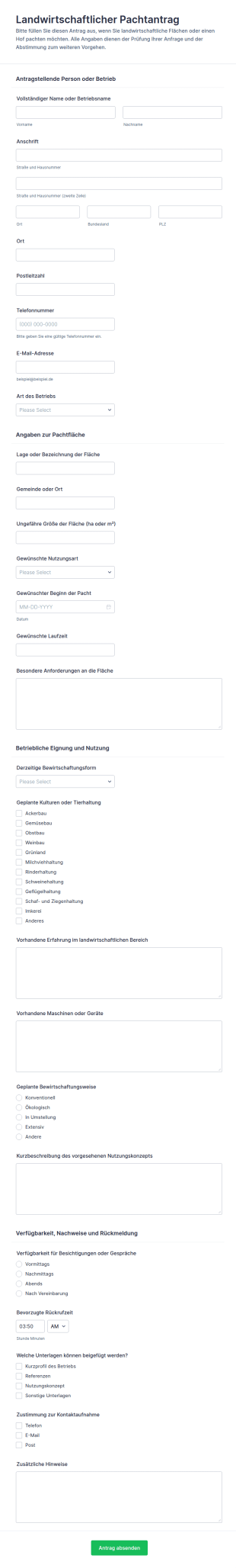 Landpachtantrag Formular