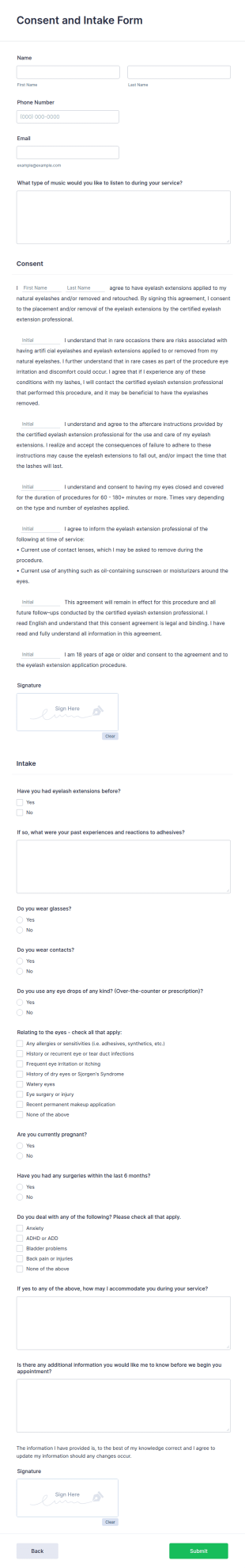 Lash Intake Form Template