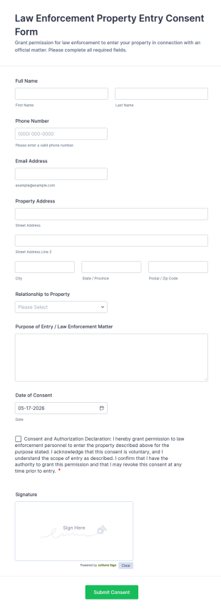 Law Enforcement Property Entry Consent Form Template