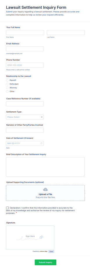 Lawsuit Settlement Inquiry Form Template