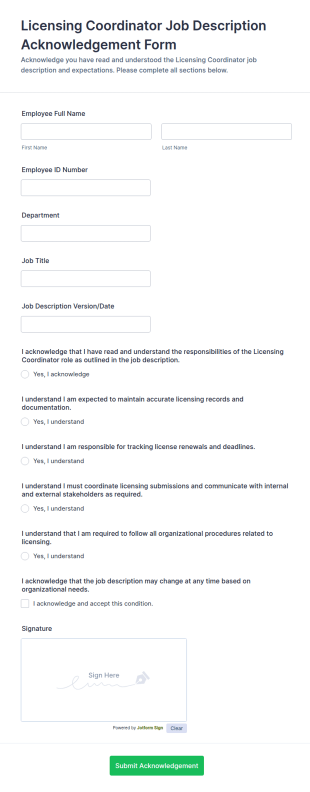Licensing Coordinator Job Description Acknowledgement Form Template