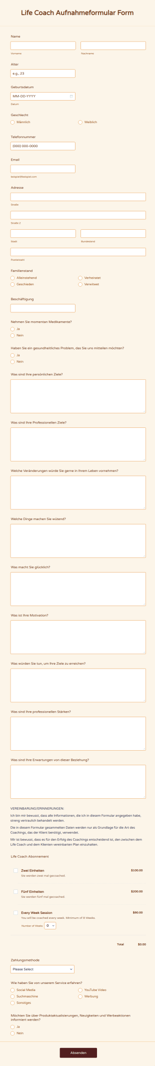 Life Coach Aufnahmeformular Form