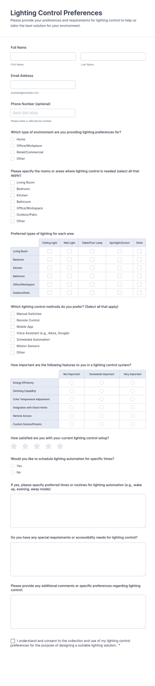 Lighting Control Preferences Form Template