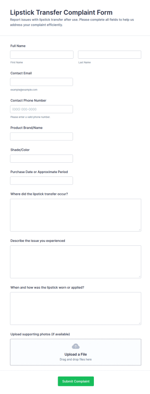 Lipstick Transfer Complaint Form Template