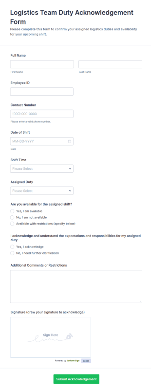 Logistics Team Duty Acknowledgement Form Template