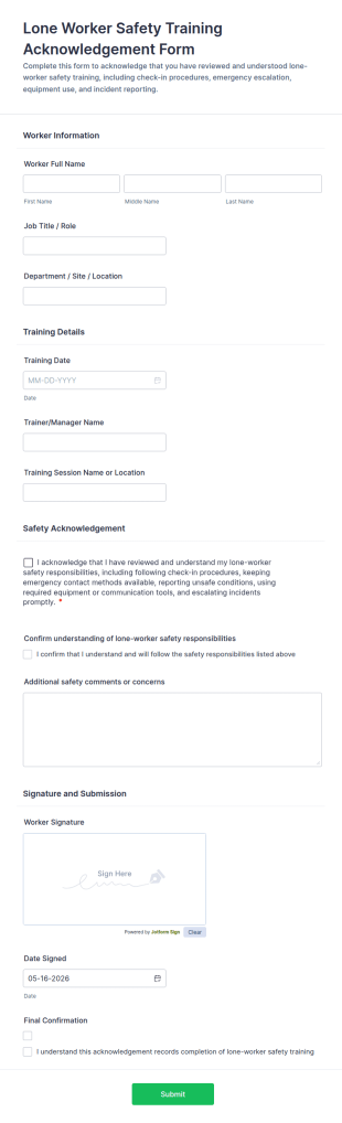 Lone Worker Safety Training Acknowledgement Form Template