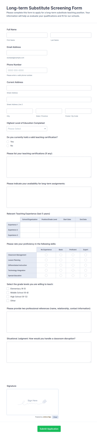 Long Term Substitute Screening Form Template