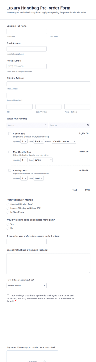 Luxury Handbag Pre Order Form Template