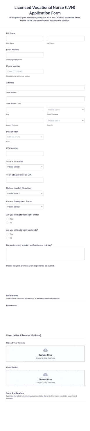 Licensed Vocational Nurse (LVN) Application Form Template
