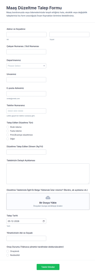 Maaş Düzeltme Talep Form Şablonu