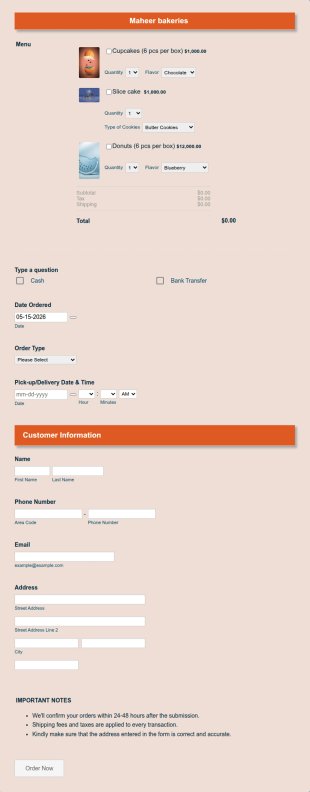 Maheer Bakeries Form Template
