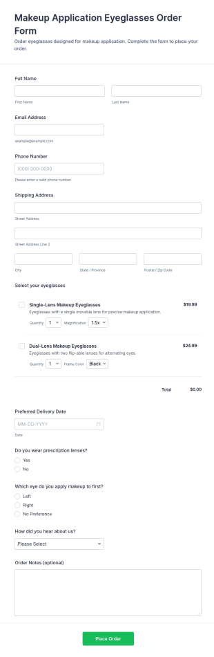 Makeup Application Eyeglasses Order Form Template