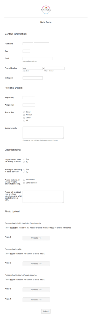 Male Model Application Form Template