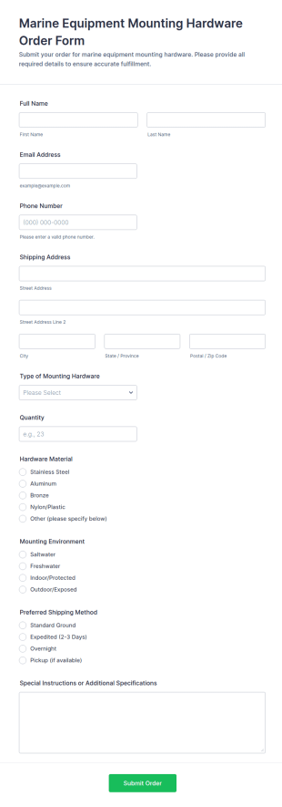 Marine Equipment Mounting Hardware Order Form Template