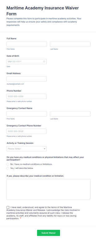 Maritime Academy Insurance Waiver Form Template