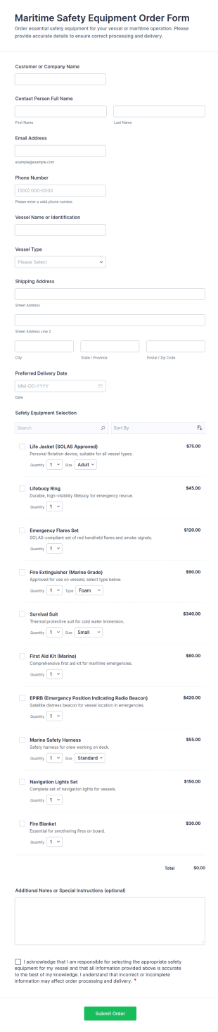 Maritime Safety Equipment Order Form Template