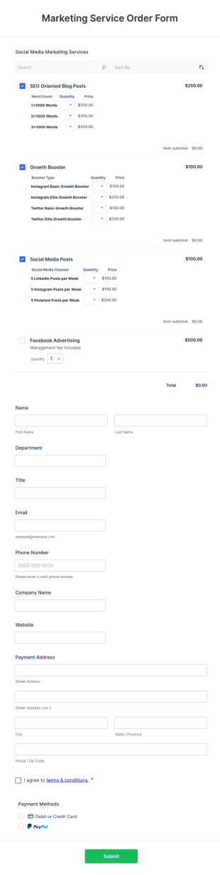 Marketing Service Order Form Template
