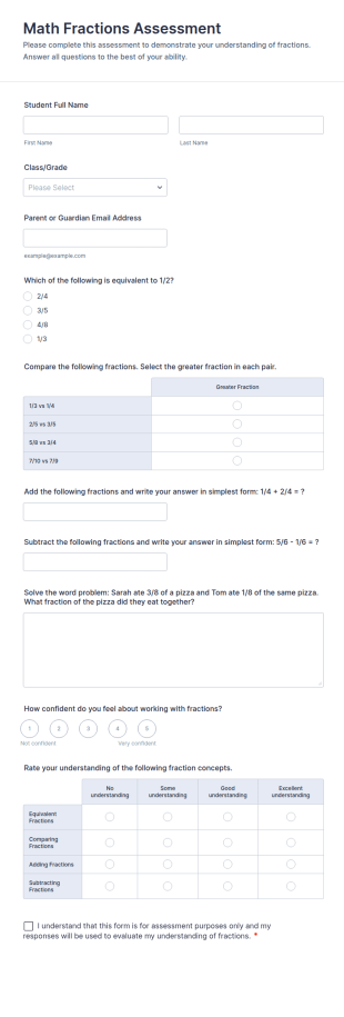 Math Fractions Assessment Form Template