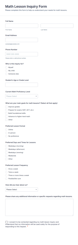 Math Lesson Inquiry Form Template