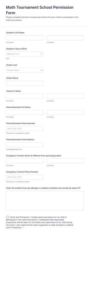 Math Tournament School Permission Form Template