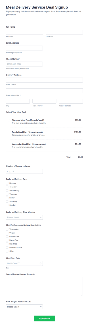 Meal Delivery Service Deal Signup Form Template