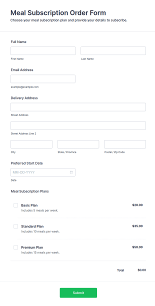 Meal Subscription Order Form Template