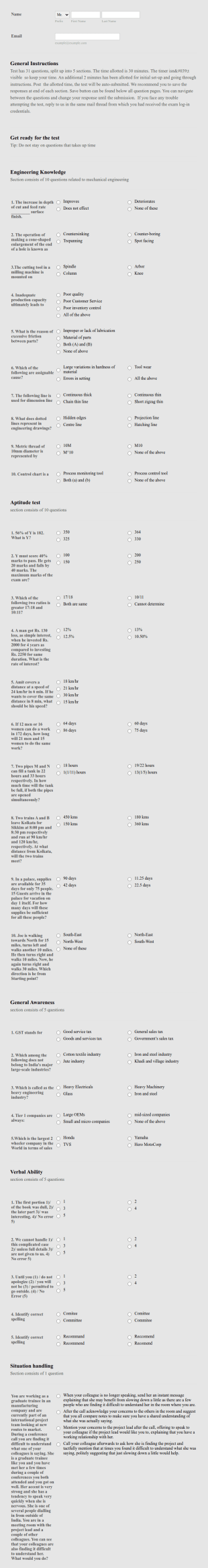 Mechanical Engineering Exam Form Template