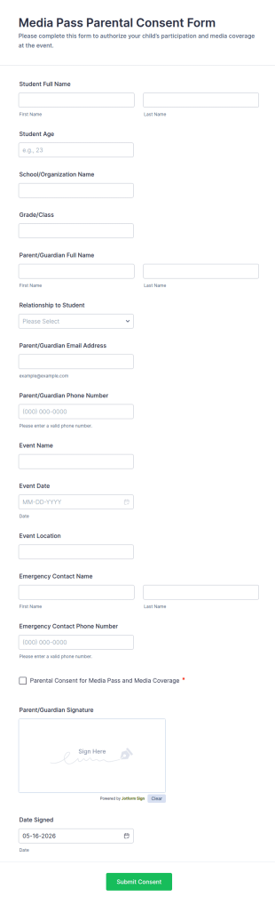 Media Pass Parental Consent Form Template